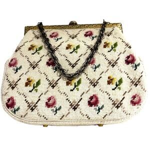 Vintage Needlepoint Purse Cream & Pink Rosebuds Top Handle Handbag Pocketbook